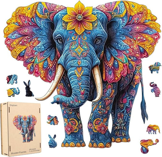 Wooden Jigsaw Puzzle, 200 Pcs Unique 3D Shape Jigsaw Puzzles, Wood Puzzle Gift Box Packing, Medium Size Letter, Creative Gift for Adults and Kids, Fun Challenging (EA4Elephant, 200PCS)