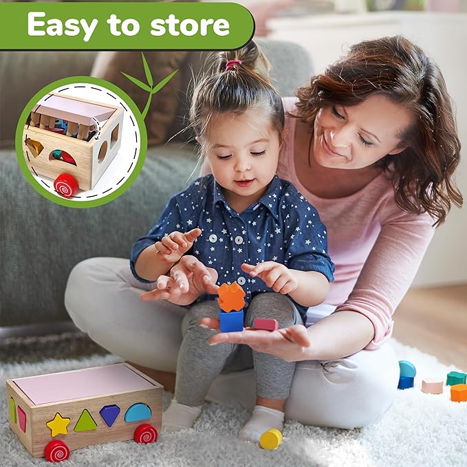 Wooden Shape Sorter Toy, Shape Stacking Toys for toddlers 1-3, Montessori Toys for 1 2 3 Year Old Kids and Toddlers, Wooden Shape Sorter Baby Toys, Sensory Toys for Toddlers 1-3 Wooden Stacking Blocks