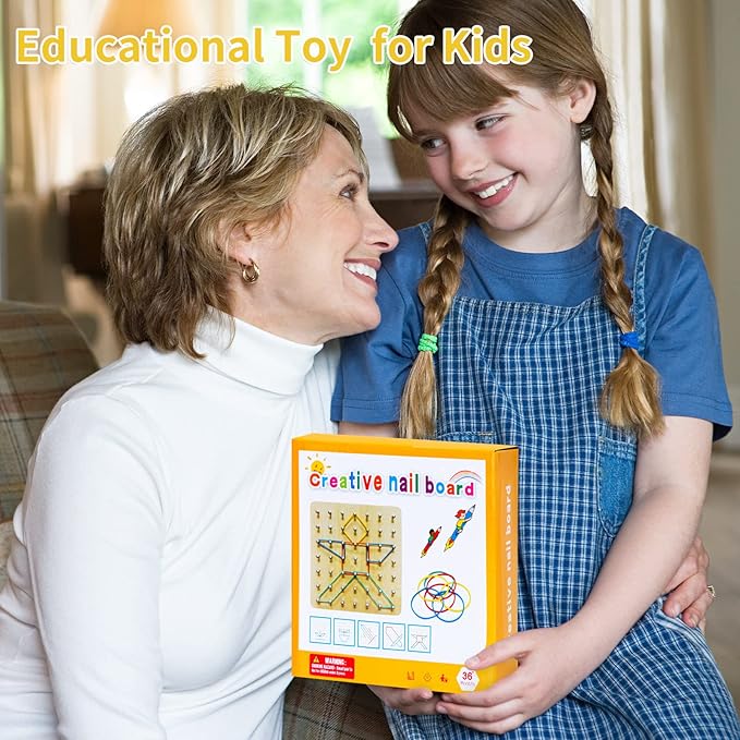 HEELWIRE Wooden Geoboard,Montessori Toy,Graphical Mathematical Education Toy for Kids with Pattern Cards and Rubber Bands to Figures and Shapes, Brain Teaser STEM Toy Geo Board (7 * 7 * 0.6 in)