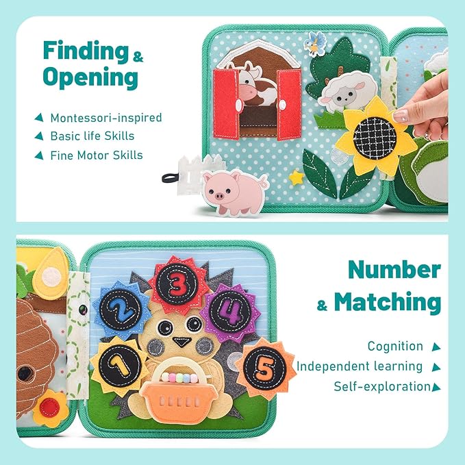 Montessori Busy Book for Toddlers 1-3, Felt Quiet Book & Busy Board for Preschool Learning, Fine Motor Skills & Sensory Play, Educational Travel Toy and Gift for Kids – Farm Animals Theme, Green