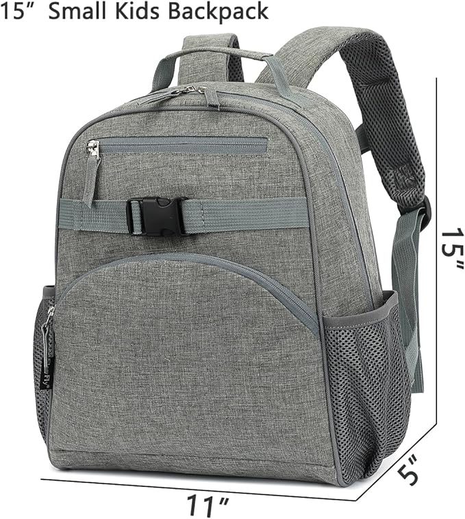 FlowFly Kids Backpack for Toddler Boys Girls, Simple Lightweight Bookbag for Daycare Kindergarten Elementary School Travel, Small Modern Bag (Medium 15''), Grey