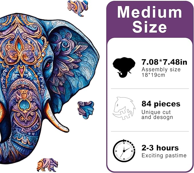 Wooden Puzzles for Adults, Elephant Wooden Jigsaw Puzzle, Unique Animal Shaped Puzzles, Premium Box Wood Cut Puzzles for Teens, Best Family Ideas (M-7.1 * 7.5in-84pcs)