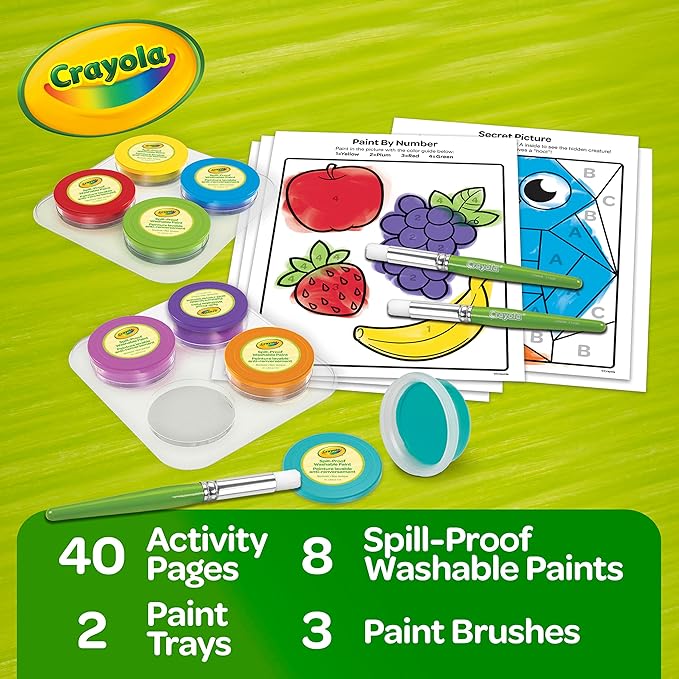 Crayola Spill Proof Paint Set (8ct), Stocking Stuffer & Holiday Gifts for Toddlers, Washable Toddler Paint Kit, With Brushes, Pots, Activity Pages, Ages 3+