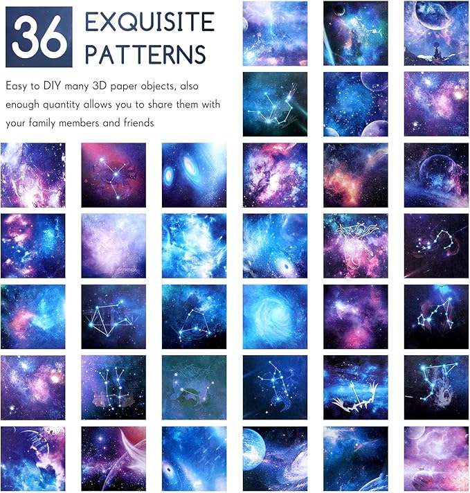 150 Sheets Double Sided Origami Paper Kit 6 x 6 Inch Beautiful Sky Scrapbook Paper Galaxy Outer Space Star Pattern Easy Folding for Arts Crafts School Kids Teachers, 36 Designs(Bright Style)