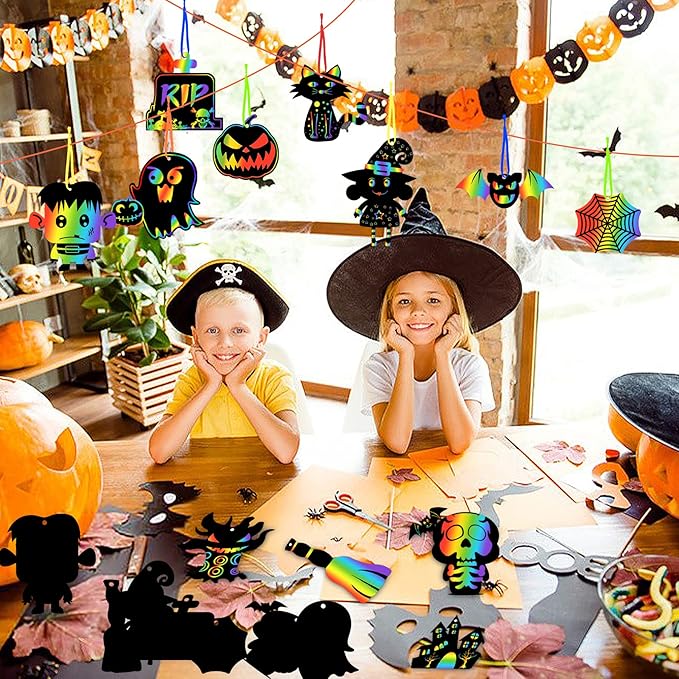 JULMELON Halloween Craft Kits, 48PCS Rainbow Magic Scratch Art Halloween Hanging Ornaments Halloween Crafts Scratch Paper Halloween Party Favors Games
