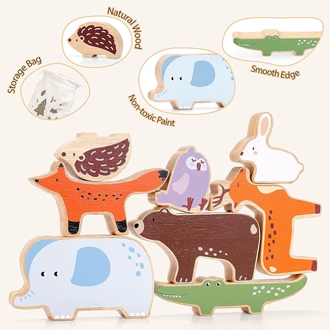 PairPear Large Wooden Animal Stacking Blocks for Toddlers, Montessori Toys Building Stacking Toys & Bag, Educational Balancing Activity Toy for Kids Toys Age 18 Months+