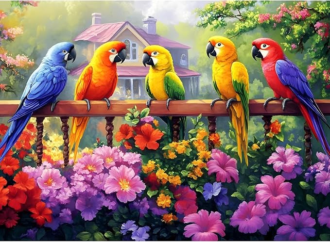 300 Piece Puzzles for Adult, Colorful Parrots Jigsaw Puzzle 300 Pieces for Adults Kids Seniors, Beautiful Challenging Garden House Adults Puzzle for Family and Friends Party Gifts 20.5×15 in