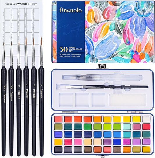 50-Color Watercolor Paint Set with 8 Brushes (Water Brush + Detail Brushes), 3 Mixing Palettes & Complete Accessories, Perfect for Beginners,Great for Outdoor Sketching, Painting Creation, Holiday Gifts