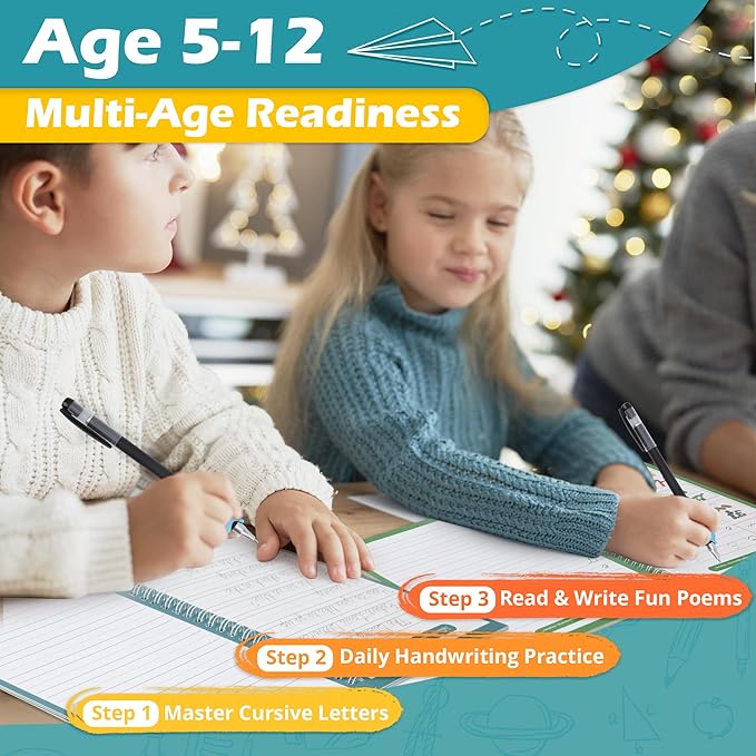 Grooved Cursive Handwriting Workbook for Kids-Reusable Magic Practice Book with Disappearing Ink, Cursive calligraphy Kit, Cursive Copybook for Kids Ages 5-12, Handwriting Without Tears Teens