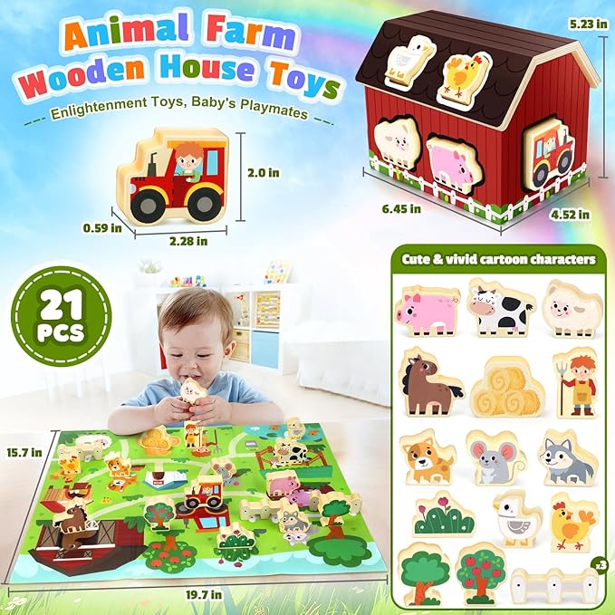 Toy for 1 2 3 Year Old Boys Toddlers, Wooden Montessori Toy for Boy Girls 2 3 4 Birthday Gift for Baby 12+Months | Educational Learning Present for Girl Boys Age 2 3 4 | Farm Animals Toys for Toddler