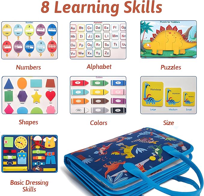 Busy Board for 1+ Year Old Sensory Toys for Toddlers 1-3 Montessori Learning Busy Book for Boys Girls Preschool Toys Gift (Dinosaur)