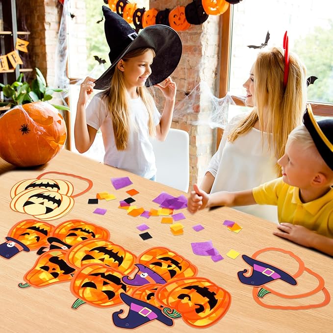 Tinlade 32 Sets Halloween Suncatcher Crafts Kit Pumpkin Suncatcher Paper Crafts with Tissue Paper DIY Window Stained Glass Effect Hanging Ornaments for Autumn Halloween DIY Activities Party Favors