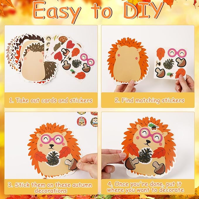JUNEBRUSHS 30 Piece Fall Hedgehog Craft Set, Autumn Self-Adhesive Stickers Thanksgiving Make Your Own Crafts for Art Classroom Home Fall Harvest Event Party Supplies Decoration