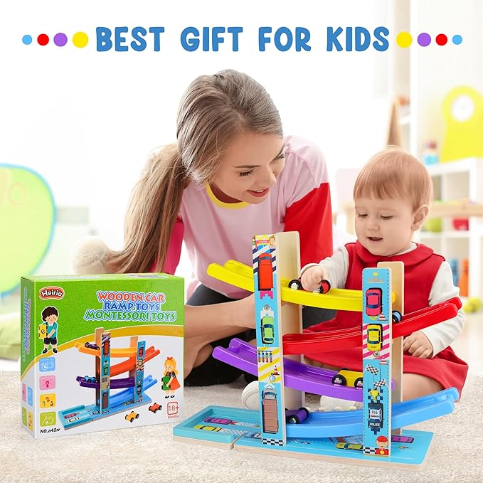 Montessori Toys for Toddlers, Children Race Track Toy with 4 Cars and 1 Wooden Parking Lot, Stable Base, Car Ramp Toy for 1 2 3 Year Old Boy Girl Gifts