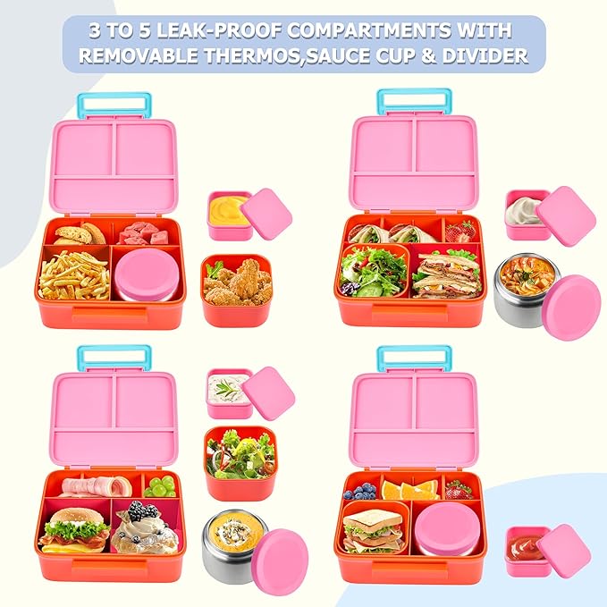 MAISON HUIS Kids Bento Box Set - Includes 8oz Soup Thermo, Insulated Lunch Bag & 17oz Stainless Steel Water Bottle, 5-Compartment Bento Box with Built-In Ice Pack, Leak-Proof & BPA-Free(Pink)