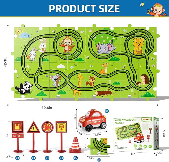Bennol Toddler Toys Gifts for 3 4 5 Year Old Boys, 39 Jigsaw Puzzle Race Track Car Set Toys for Kids Boys Toddlers 3-5 4-6, Puzzle Tracks Car Toys Gifts for 3 4 5 Year Old Girls Kids