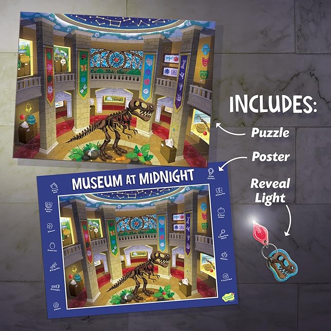 Peaceable Kingdom Museum at Midnight – 100-Pc. Seek & Find Glow Puzzle for Kids Ages 6 & Up – Included Blacklight Reveals Hidden Items – Great for Home or Classrooms