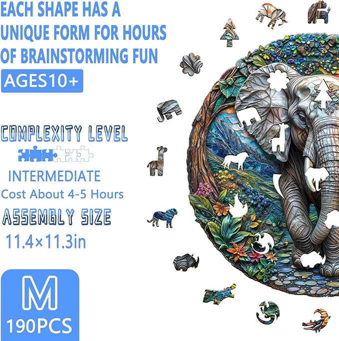 Wooden Puzzles for Adults, Forest Elephant Wooden Jigsaw Puzzle for Adults, Wood Puzzles Adult, Unique Animal Shape, Gifts for Friends and Family, Wall Art Canvas Puzzle (M -11.4 * 11.3in -190 pcs)