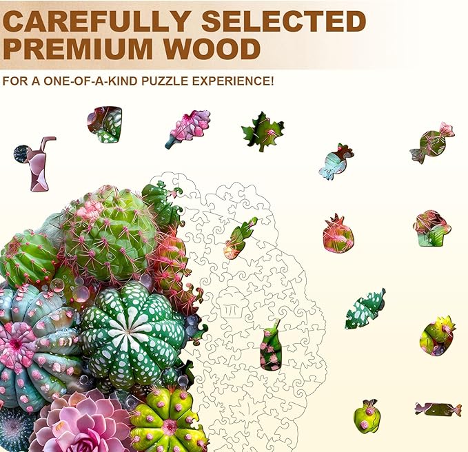 Wooden Puzzles for Adults, Cactus and Succulents Wooden Jigsaw Puzzle 3D Visual Effect Unique Shape Plant Wood Puzzles Adult, Birthday Gifts for Puzzle Lovers Family Games (M-11.4 * 11.3in-200pcs)