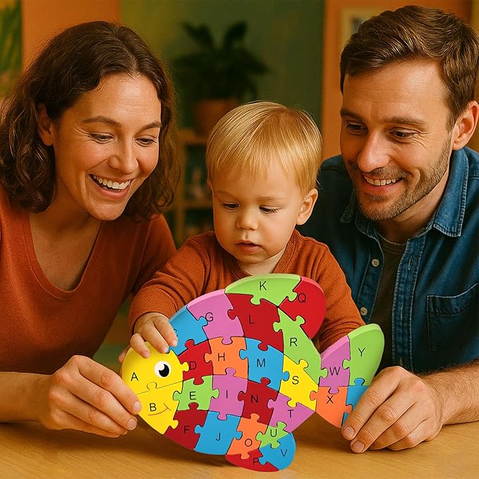 LovesTown Goldfish Wooden Puzzle for Kids, Alphabet and Number Jigsaw Puzzle Montessori Learning Blocks, Educational Preschool Toys for Toddlers, 26 PCS