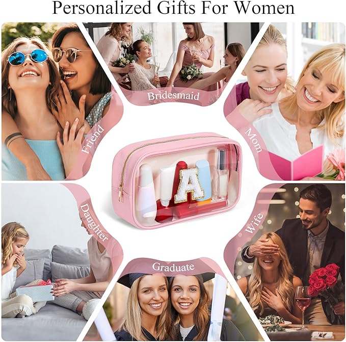 YOOLIFE Travel Clear Makeup Bag Toiletry Bag, Make up Bag Waterproof Toiletry Bags for Women Cosmetic Bag Preppy Stuff Birthday Gifts for Women Personalized Pink Mother Girlfriend Wife Gifts Letter G