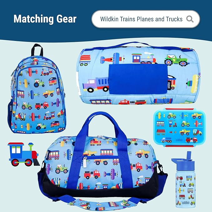Wildkin Kids Insulated Lunch Box – Durable and Reusable for School & Travel - Trains, Planes, and Trucks