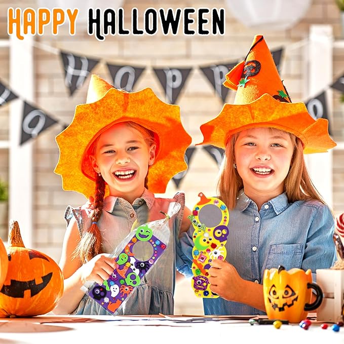 24 Set Halloween Craft Kits for Kids, DIY Halloween Doorknob Hanger Decorations Fall Arts & Crafts Supplies, Halloween Pumpkin Bat Ghost Monster Foam Stickers for Classroom Party Favors Activities