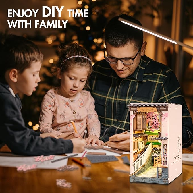 Rowood Book Nook Kit, Bookshelf Insert Decor Alley 3D Wooden Puzzle, DIY Bookend Building Set Model Kit with LED Light -Sakura Tram