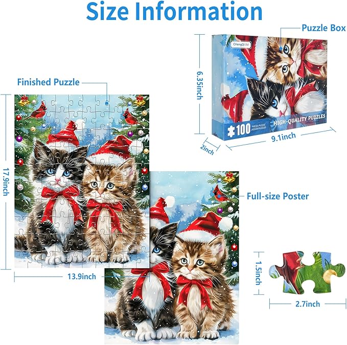 Christmas 100 Piece Puzzles for Kids, Christmas Cat 100 Piece Puzzles for Adults, Cute Kitten 100 Pieces Puzzle for Kids Ages 4-8, Jigsaw Puzzle for Seniors Teens Brain Teaser