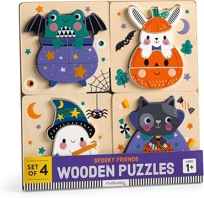 Mudpuppy Spooky Friends – Set of 4 Wooden 4 Piece Puzzles Featuring A Colorful Halloween Scene with Adorable Characters Perfect for Toddlers, Montessori Toys for 1-3+, FSC Certified