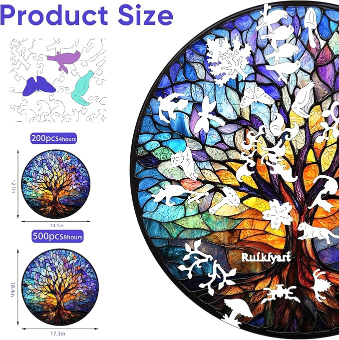 Ruikiyart Wooden Puzzles for Adults,200 Pieces Tree of Life Wooden Jigsaw Puzzles,Unique Shape Tree Puzzles for Adults and Kids,Extra Thick 5MM,Christmas Birthday Gifts,11.2x11.2 Inches