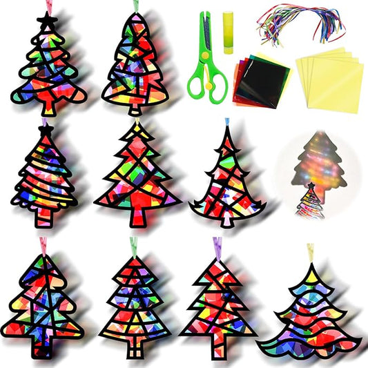 EggSun 36 Sets Christmas Tree Suncatchers Craft Kit for Kids Ornaments Stained Glass Effect Window Arts and Crafts Kit for Classroom Holiday Birthday Projects Home Party Favors Decorations Ages 4 8 12
