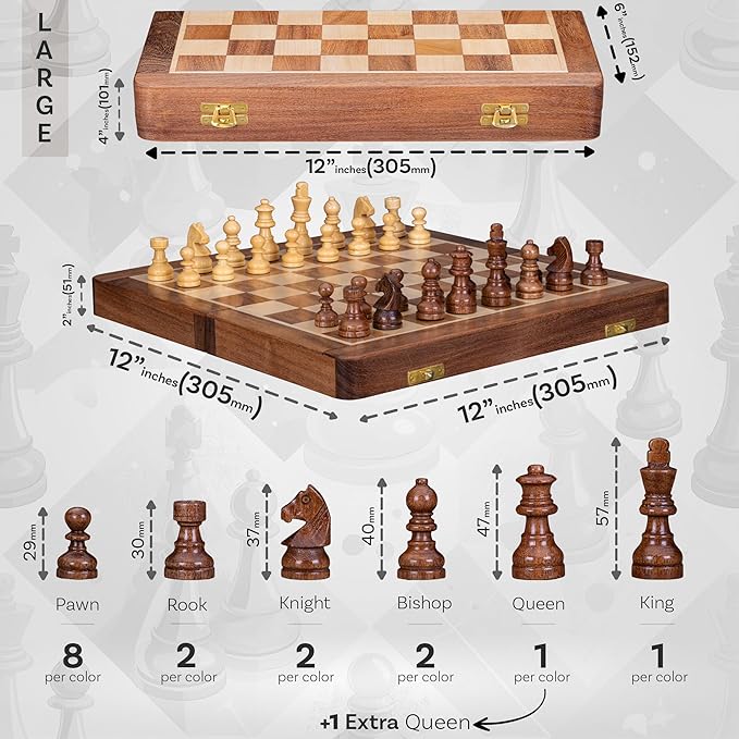 INTAJ 12" Large Wooden Chess Set - Handcrafted Chess Board Game with Magnetic Pieces & Storage - Deluxe Folding Board for Kids & Adults - Premium Acacia Wood Set for Home Decor, Coffee Table & Gift