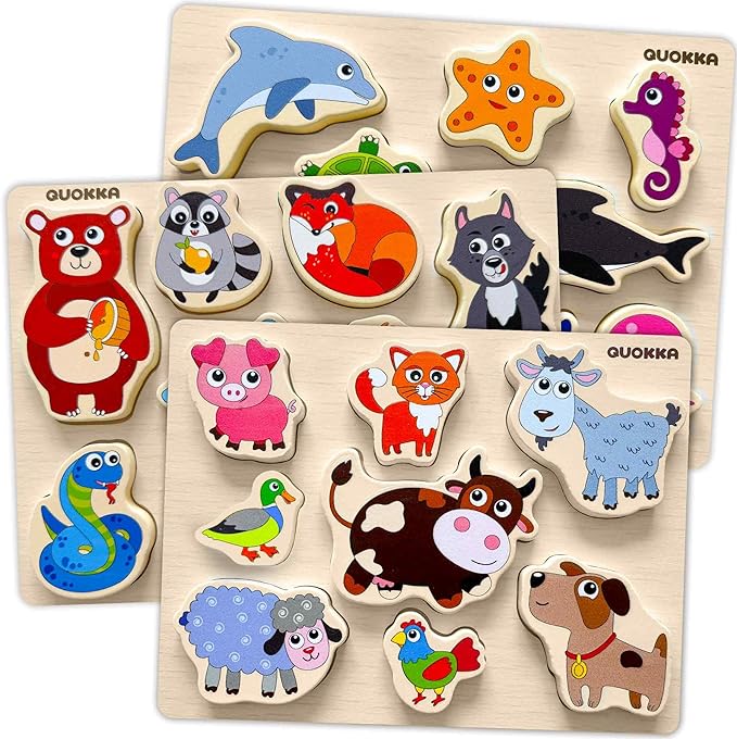 QUOKKA Wooden Puzzles for Toddlers 2-4 – Chunky Matching Puzzles Set –Toddler Montessori Animal Toys with Jumbo Animals Toddler Puzzles Ages 1-3 I FSC Certified Wood