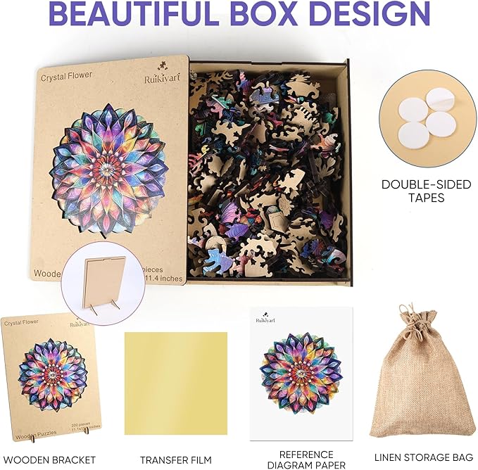 Ruikiyart Wooden Puzzles for Adults, 5MM 500 Pieces Crystal Flower Wooden Jigsaw Puzzles, Mandala Puzzle Unique Shaped for Adults and Kids on Thanksgiving,Christmas Family Puzzle Games (16.6"*16.9")