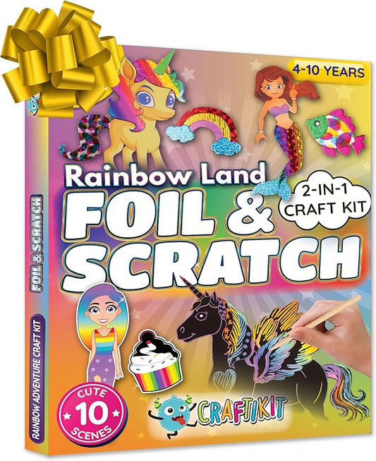 Craftikit ® Rainbow Land Foil Art & Scratch Art for Kids- 2-in-1 Arts and Crafts Kit for Kids Ages 4-10 - Rainbow Crafts for Girls Ages 4, 5, 6, 7, 8, 9, 10