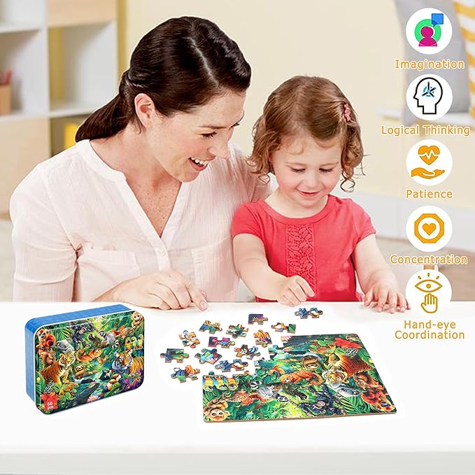 LELEMON Puzzles for Kids Ages 4-6, Jungle Puzzle 60 Piece Puzzles for Kids in a Metal Box, Educational Kids Puzzles Jigsaw Puzzles Childrens Puzzle Games Puzzle Toys for Girls and Boys