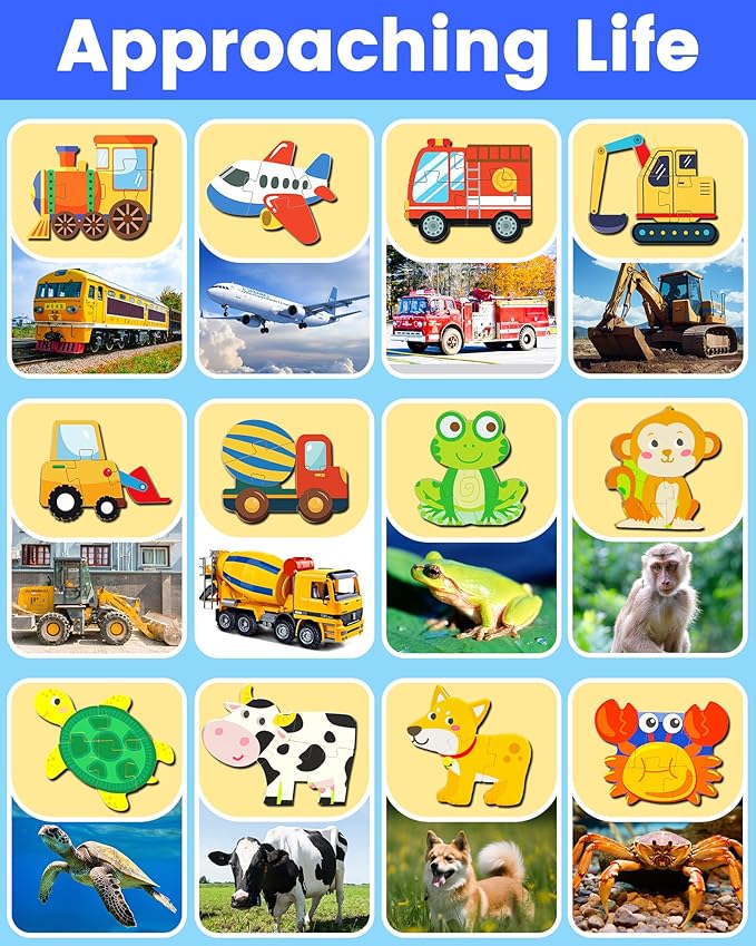 Benresive Wooden Toddler Puzzles, Montessori Toys for 1 2 3 Year Old Boys, Toys for 1 2 3 Year Old Boy Birthday Gifts, 12 Pack Vehicle Toddler Learning Educational Puzzles