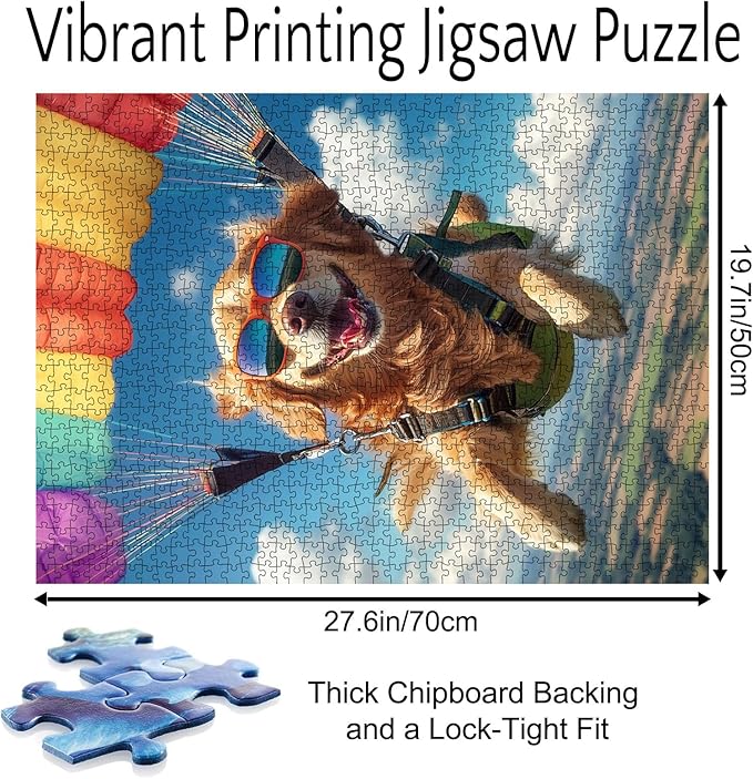 Golden Retriever Skydiving Art Jigsaw Puzzles for Adults 1000 Pieces, Animal Sky Diving Colorful Parachutes Colorful DIY Puzzles for Home Decoration Gifts, Family Challenging Perfect for Game Nights