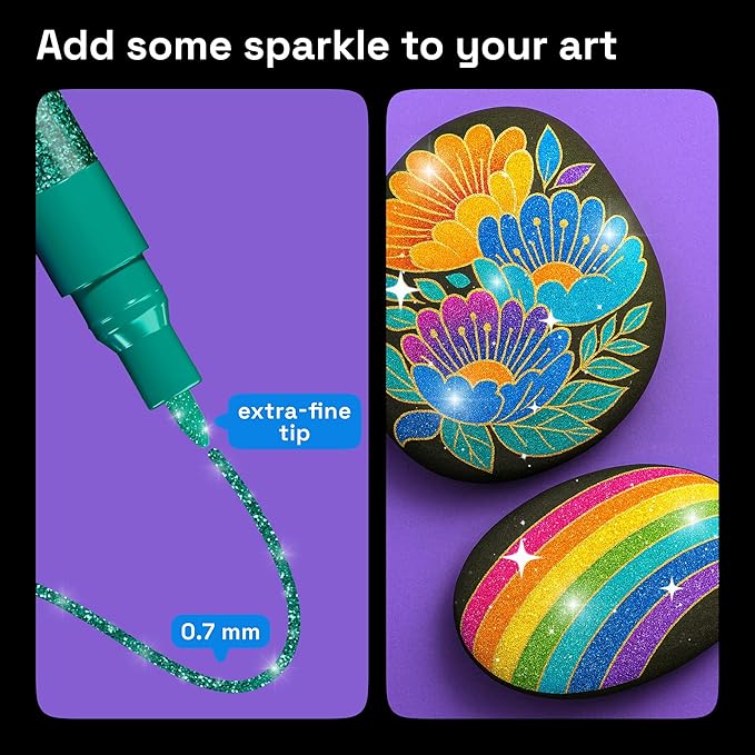 ARTISTRO 12 Glitter Paint Pens Sparkly and Shiny for Rock Painting, Stone, Ceramic, Glass, Wood, Fabric, Scrapbooking, DIY Craft Making, Coloring, Acrylic Glitter Markers Extra-Fine Tip 0.7mm
