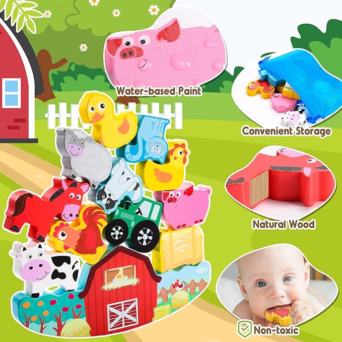 Montessori Toys for Kids 3-7 Wooden Farm Animal Blocks Stacking Games Educational Toy for 3 4 5 6 Year Old Girls Boys Christmas Birthday Gifts for Grandkids Toddler Balance Game Girls Age 3-5