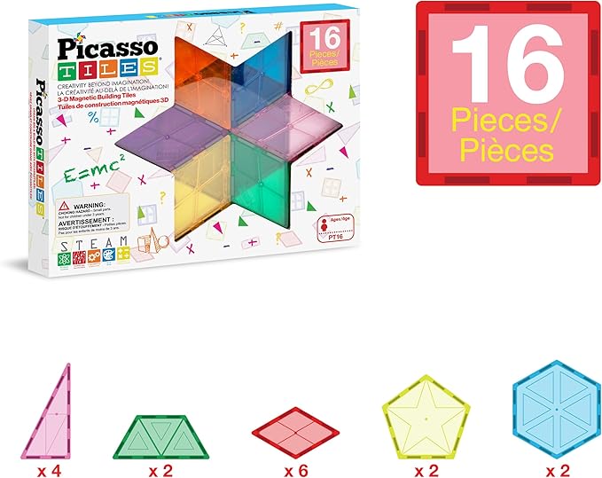 PicassoTiles Magnetic Building Block Set Geometry Shape Magnet Tiles Construction Toy STEM Learning Kit Educational Playset Playboard Pretend Play Stacking Blocks Child Brain Development PT16