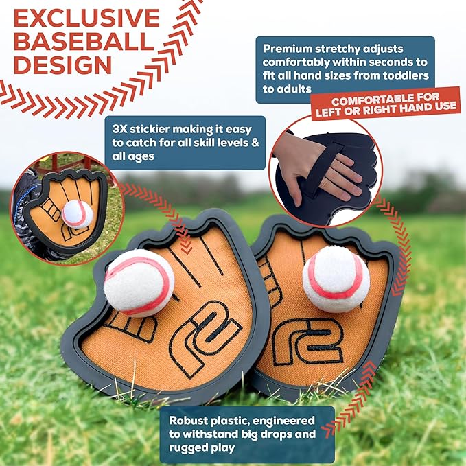 Toss and Catch Ball Game Set - Easy to Use Sticky Balls & Beginner Baseball Training Glove - Premium Toy Paddle Fits All Hand Sizes From Toddlers to Teens & Adults - Fun Gift Idea for Boys and Girls