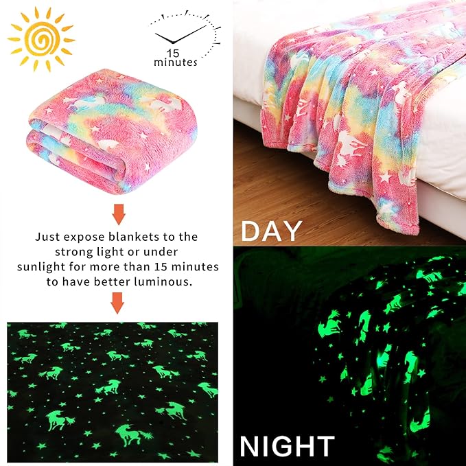Glow in The Dark Blanket Unicorn Gifts for Kids Girls Teen Birthday Christmas Halloween Present Light Up Rainbow Unicorn Bedroom Bed Decor Fun Soft Fluffy Plush Glowing Throw Pink 50"x60"