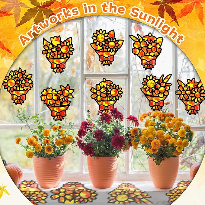 32 Sets Fall Bouquet Suncatchers Craft Kit DIY Window Stained Glass Effect Autumn Bouquet Paper Crafts Home School Classroom Decoration Kid Birthday Gift Creative Art Project Activity Game