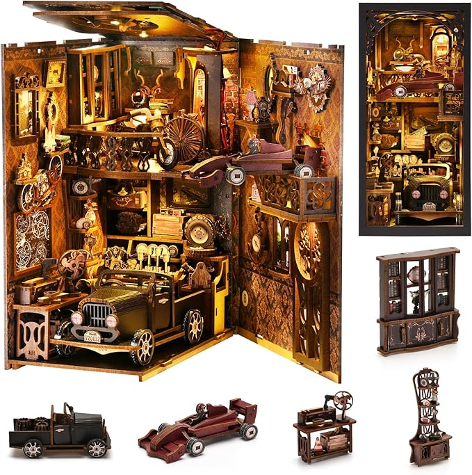 Book Nook Kit, Book Nook Kits for Adults and Teens, DIY Miniature Dollhouse Kit 3D Wooden Puzzle Booknook Bookend with LED Light