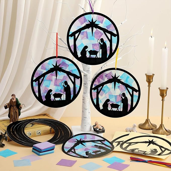 Eersida 32 Sets Christmas Nativity Suncatchers Craft Kit DIY Christianity Tissue Paper VBS Sunday School Craft Make a Nativity Tissue Paper Kit for Holy Night Christian Religious Lent Bible Window Art