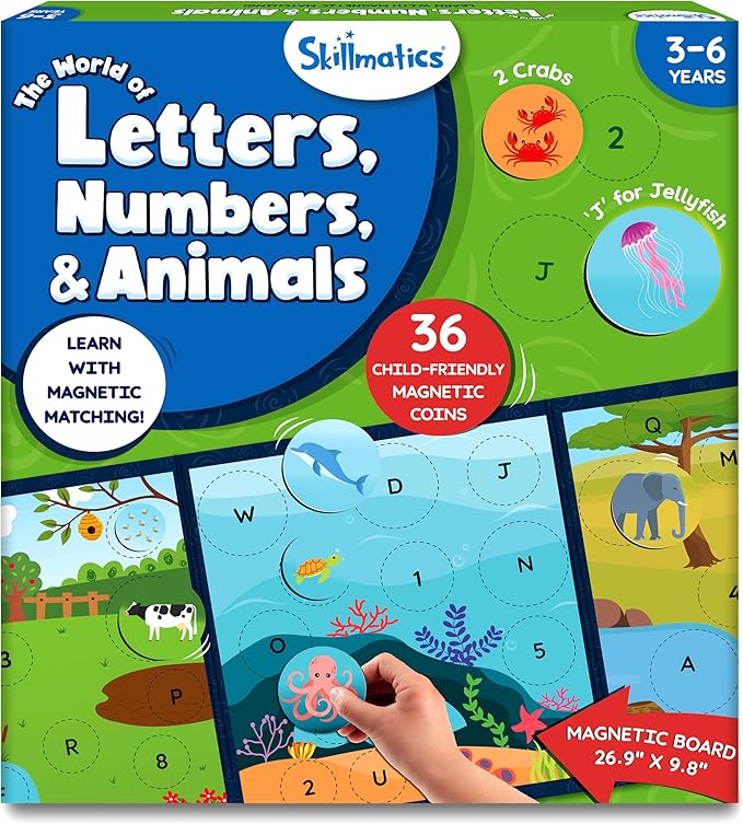 Skillmatics Magnetic Matching Activity - Letters, Numbers & Animals, Preschool Learning Toy & Game for Kids, 35+ Magnetic Pieces, Gifts for Boys & Girls Ages 3, 4, 5, 6