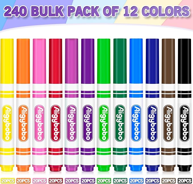 Aigybobo 240 Count Washable Markers Bulk, 12 Assorted Colors, Broad Line Conical Tip Coloring Markers for Kids, Markers Bulk Pack for Classroom, School Art Supplies & Back to School Supplies