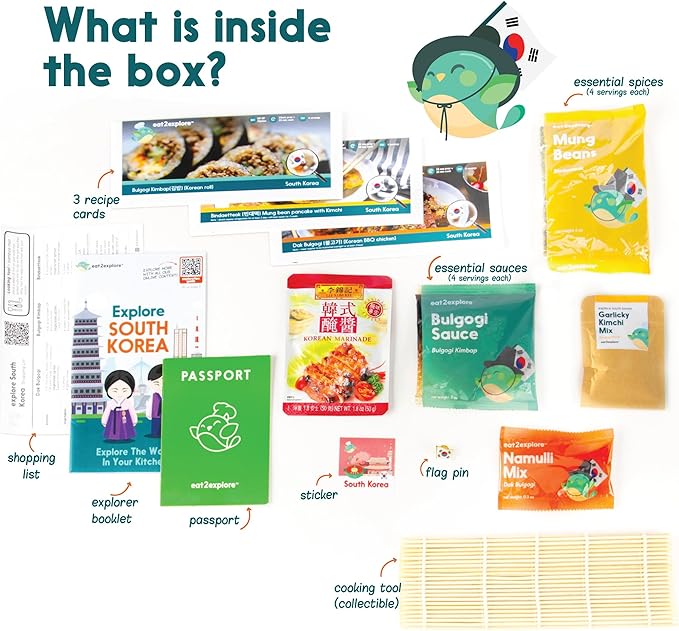 eat2explore Cooking Kits for Kids - Interactive & Educational Set with 3 Recipe Cards, Key Ingredients & Cooking Tools - Ideal Idea for Kids who Love to Create Meals (South Korea Edition)